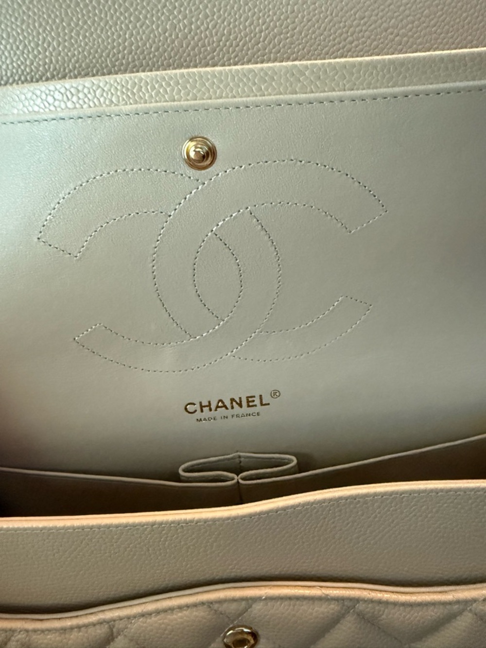 CHANEL Quilted Beige Caviar Leather Double Flap Shoulder Bag with Gold Hardware - Picture 6 of 11